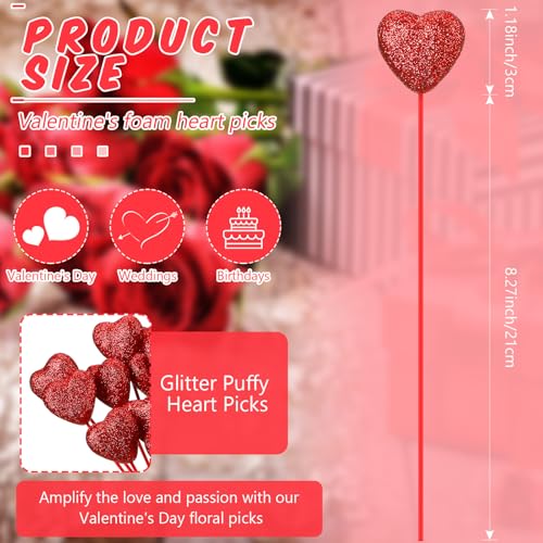ZCYSRLQIN 6 Pcs Valentine's Day Glitter Foam Hearts Sticks Foam Heart Picks Sparkly Hearts Stems Puffy Heart Wooden Picks for Valentine Wedding Decorations Flower Arrangements Crafts (Red) - color: Red, size: 6 Pcs