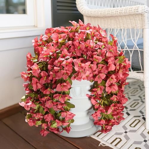 Bougainvillea Artificial Flowers Fake Plants for Outdoors Winter Decoration, 2 pcs Faux Long Trailing Vines UV Resistant Look Real Red Silk Flowers for Outside Planter Front Door Porch Urn Yard Patio - color: Fall Red