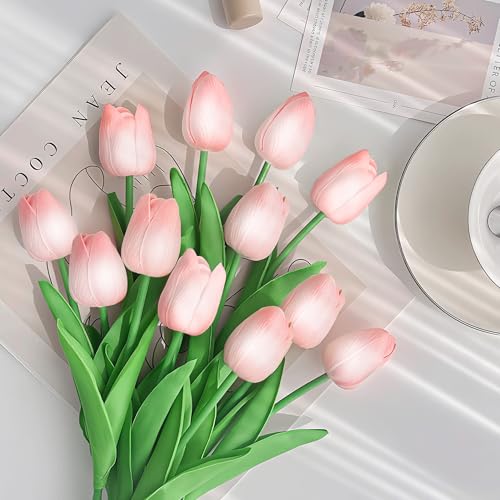 20 Pcs Pink Tulips Artificial Flowers 13" Fake Pink Tulips Real Touch PU Faux Tulip Bouquet for Mother's Day Floral Arrangement Home Kitchen Table Wedding Decorations - color: Pink