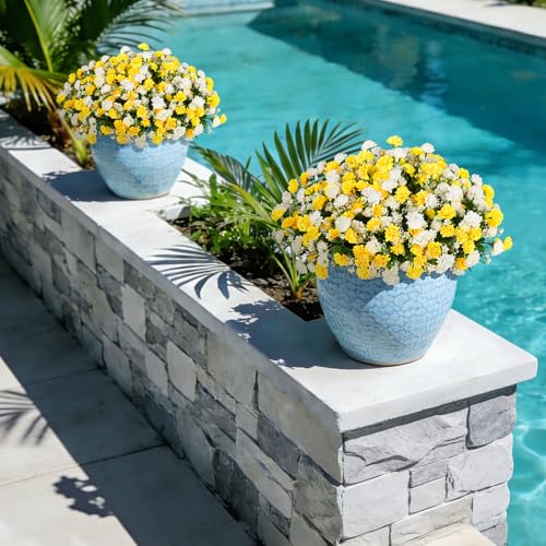 Ammyoo Artificial Flowers for Outdoors Decoration, 6 Bundles Silk Marigold Flower UV Resistant Look Real Faux Plants for Garden Porch Planter Patio Balcony Yard Home Decor (Yellow White) - color: Yellow White
