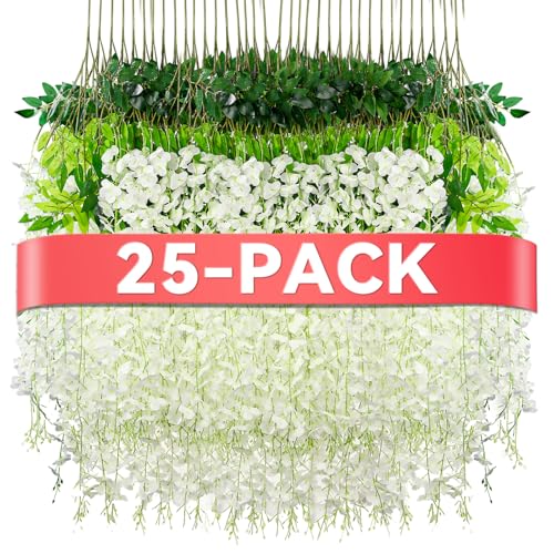 Alotiki Wisteria Hanging Flowers,Fake Hanging Flowers,Wisteria artificiales Garland for Home Wedding Arch Floral Party Garden Ceremony Outdoor Decor,3.6 feet Long(25,White) - color: White, size: 25