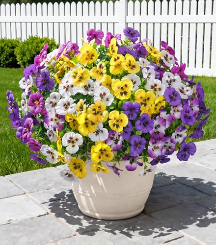 Ivydale 20PCS Artificial Fake Pansy Flowers for Outdoor Spring Summer Decor, Faux Silk Mixed Color Pansies UV Resistant Plants for Front Door Porch Yard Patio Window Box Home Decor - color: Purple Yellow White Gradient Purple Fuchsia
