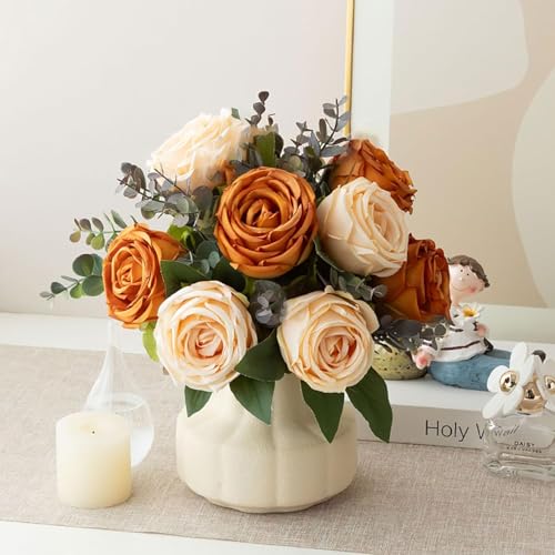 Silk Roses Artificial Flowers in Vase,Fake Flowers with Vase,Faux Flower Arrangement with Vase for Home Office Decoration, Dining Table Centerpiece - color: Orange