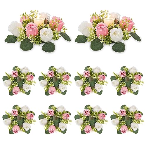 NUPTIO Flower Wreath for Table Centerpieces: 9.05 Inch Small Pink & White Candle Rings 10 Pcs for Wedding Party Christmas Decorations - Rose Wreaths for Spring Summer Front Door Porch Decor - color: Pink & White, size: Dia 9.05"-10pcs