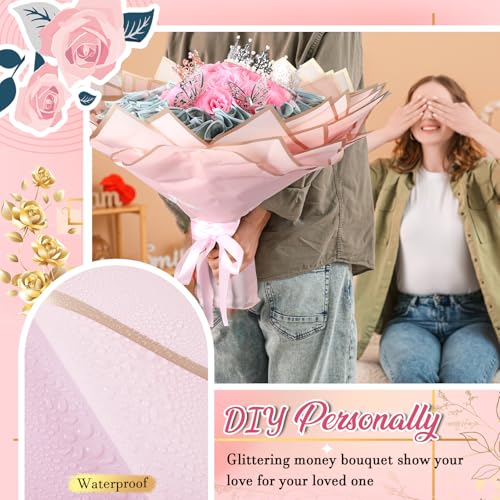 XunYee Bouquet Kit 20 Sheet Flower Wrapping Paper 100 Pcs Bamboo Skewers Floral Foam Blocks for Anniversary Birthday Gift Graduation Mother's Day(Pink) - color: Pink