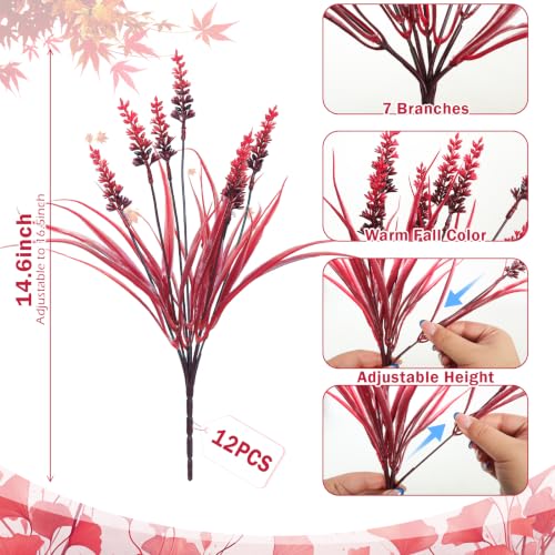 RECUTMS 12Pcs 14.6" Artificial Fall Flower Plants Outdoors Faux Greenery | UV Resistant,Faux Greenery Shrubs,Wine Red Fake Grass with Flowers,Artificial Shrub for Garden Patio Porch Outdoor Decor - color: Wine Red