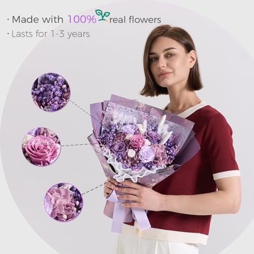large Preserved flowers Bouquet with Real Roses,Long Lasting flower for delivery prime,Birthday for Women,Wedding,Mother’s Day,Valentine’s Day,Anniversary,Wife,Girlfriend,Christmas Gifts(Purple) - color: Purple
