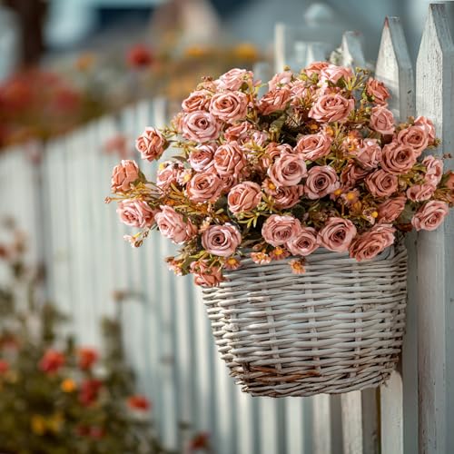 Artificial Rose Flowers for Outdoor 4 Bundles Rose Bouquet with Daisy Faux Flowers UV Resistant for Home Indoor Outside Garden Porch Window Box Balcony Yard Porch Fall Decor (Brown) - color: Brown