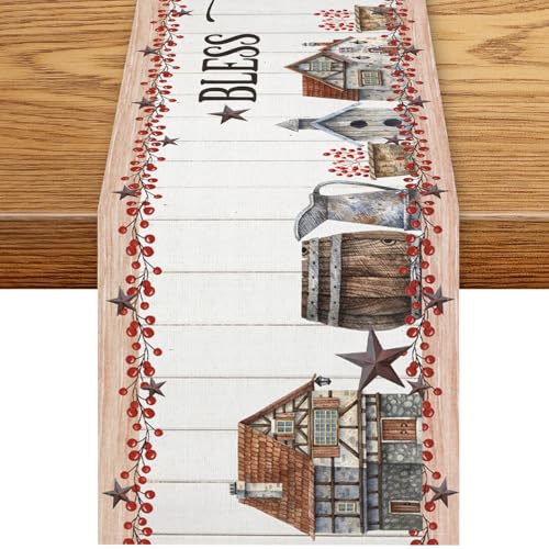 Farmhouse Table Runner, Rustic Western Texas Star Berries Cowboy Wooden Plank Barn Country Retro Coffee Table Center Decor for Family Kitchen Outdoor Farmhouse Holiday Party Table Decorations, 13"x36" - color: Texas-8, size: 13“ X 36"