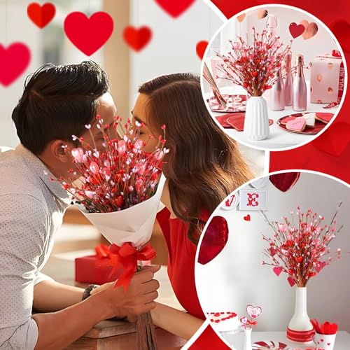 8PCS Valentine's Day Floral Decorations – Artificial Heart Shaped Foam with Red, Pink, White Berries, Artificial Picks for Home, Wedding, Party, DIY Craft, Perfect Valentine's Gift