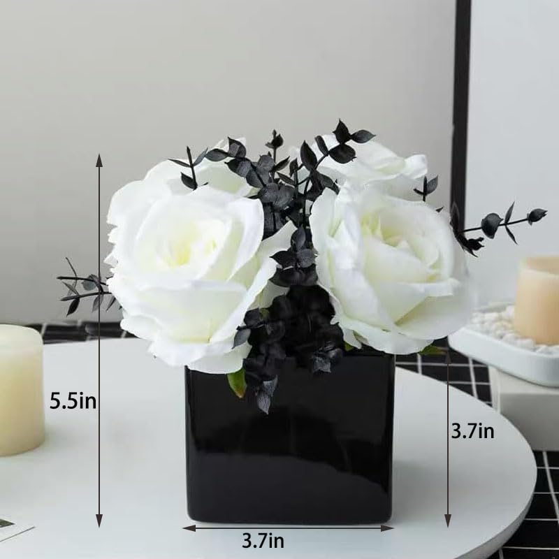 LADADA Artificial Flowers with Small Ceramic Vases, Roses in Vases Plastic Artificial Flowers and Plants,Used for Home Office Wedding Decoration, Table Decoration(White+Black) - color: White+black