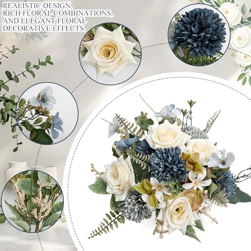 Artificial Mum Flowers 12 Bundles Silk Chrysanthemum Flowers Fake Roses Peonies with Eucalyptus, Realistic Faux Peonies for Vase Arrangement, Home Decor, Wedding Centerpiece - White Blue - color: White Blue