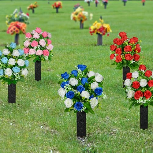 Artificial Cemetery Flowers, Set of 2 Grave Memorial Flowers with Vase, Artificial Rose Bouquet for Cemetery Headstones Gravesites Decoration (Dark Blue & White) - color: Dark Blue & White
