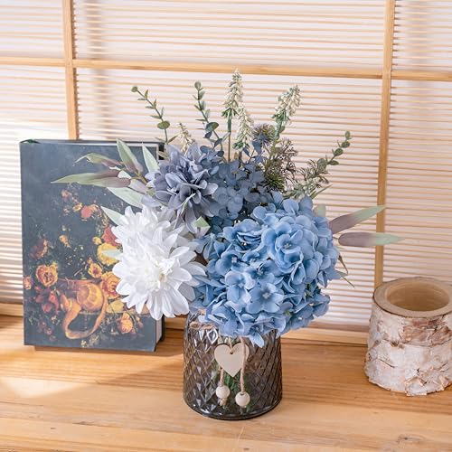 LUEUR Fake Flowers with Vase, Hydrangea Artificial Flowers in Vase Faux Flowers Arrangement Suitable for Home Kitchen Living Room Fall Spring Decor Office Decoration, Centerpiece Table Decorations - color: Blue-hydrangea