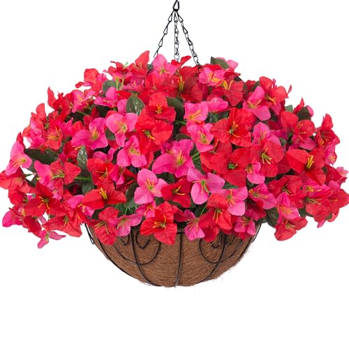 Artificial Fake Hanging Flower Plants Basket for Outdoors Spring Summer Decoration, Faux Bougainvillea Flowers in Planter Look Real UV Resistant Silk Flower for Outside Porch Patio Garden Home Decor - color: Hotpinkred