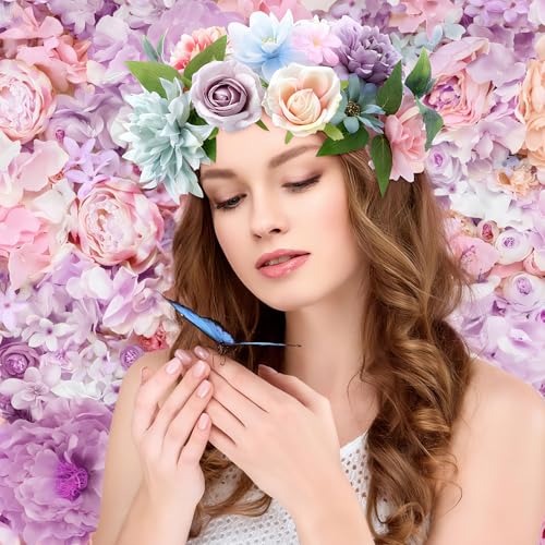 Janinka 100 Pcs Blue Purple Pink Assorted Fake Flower Heads with Long Stem Mini Artificial Flower Bulk Mix Silk Faux Daisy for Crafts Fake Peony Rose for DIY Wedding Party Wreath Home Decoration - color: Blue Purple Pink