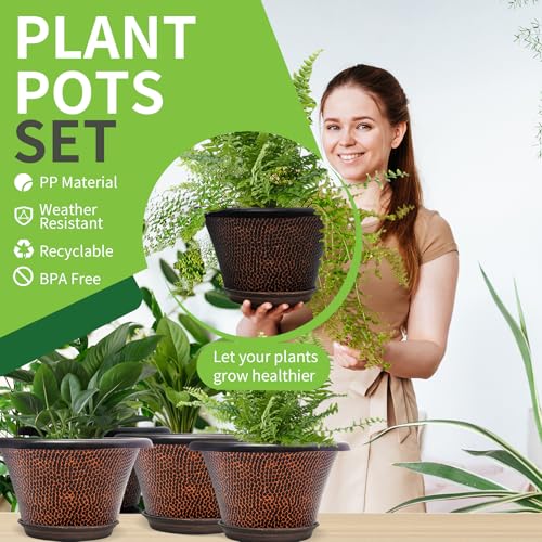Quarut 12 Inch Pots for Plants,4 Pack Large Flower Pots with Drainage Hole & Saucer,Modern Planters for Indoor Outdoor Plants,Decorative Resin Garden Pots Brown - color: Diamond Pattern-brown, size: 12 inch-4 Pack