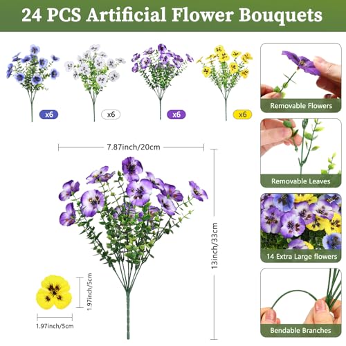 Alupssuc 24 Bundles Artificial Flowers for Outdoors, Fake Spring Flowers for Decoration, UV Resistant Realistic Pansies with Eucalyptus Silk Faux Flowers for Porch Patio Yard, 4 Mix Colors - color: Gradient Purple, Gradient Blue, Yellow, White