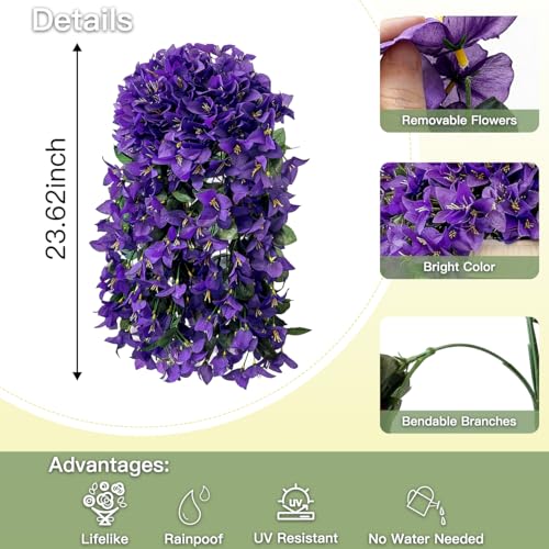 Artificial Flowers for Outdoors Fake Purple Bougainvillea Hanging Flower Decoration, 2Pcs Realistic Faux Silk Plants Long Trailing Vines, Spring Decor for Porch Patio Balcony Planter Yard - color: Bougainvillea - Purple
