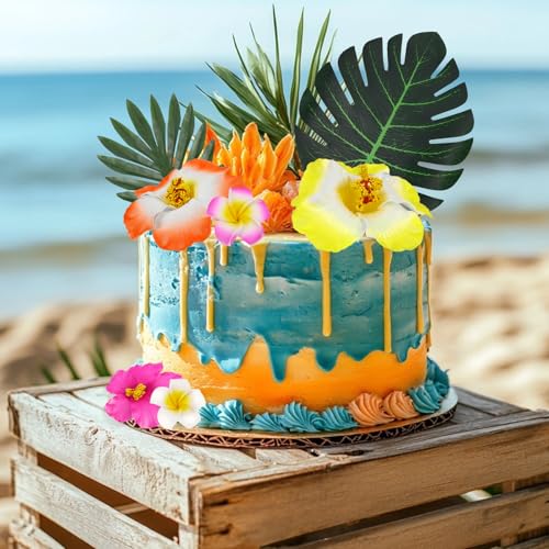 45 Pcs Hawaiian Cake Decorations Summer Flower Cake Toppers with Turtle Leaves and Hibiscus Flower Palm Leaf for Tropical Hawaiian Beach Luau Themed Birthday Party Supplies - color: Hawaiian Faux