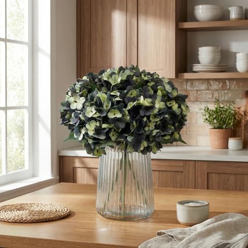 5Pcs Artificial Fake Flowers Plants Silk Hydrangea 1 Flower Head Arrangements Wedding Bouquets Decorations Plastic Floral Table Centerpieces Home Kitchen Garden (Bluish Green) - color: Bluish Green