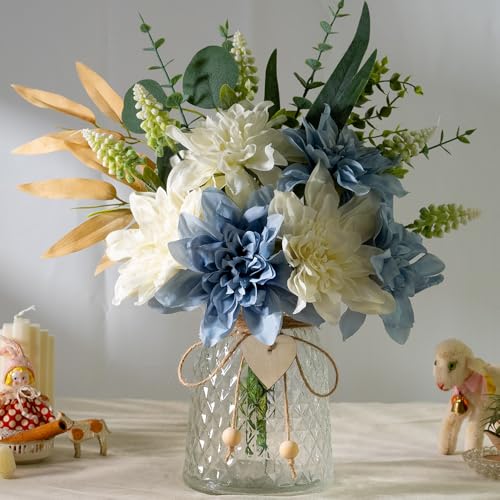 Fake Flowers with Vase Silk Flowers in Vase Dahlia Flowers Arrangement Suitable for Home Office Decoration, Dining Table Centerpiece (Dahlia-White Blue) - color: Dahlia-white Blue