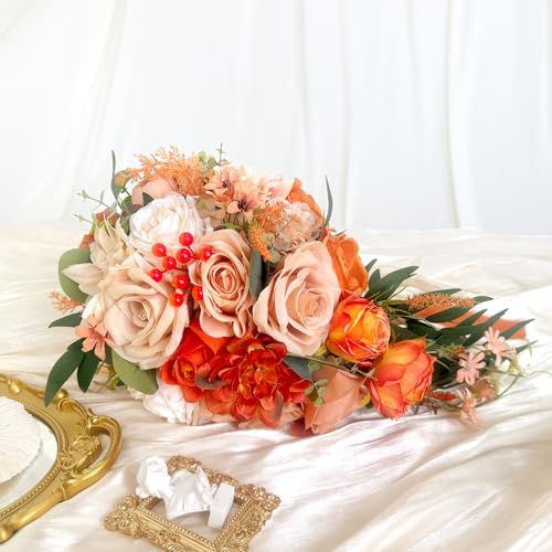 Burnt Orange Cascading Bouquets for Bride Artificial Fall Silk Flower Terracotta Rose Wedding Bridal Bouquet Sunset Beige Boho Rustic Ceremony Anniversary Decor Toss Bouquet - color: Burnt Orange, Terracotta