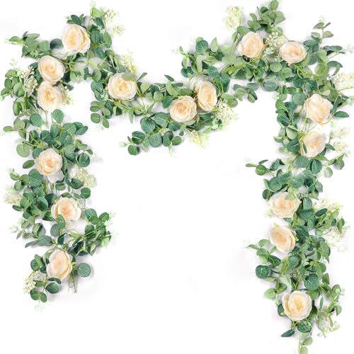 Der Rose 2 Pcs 13FT Artificial Floral Garland, Champagne Rose Flower Garland for Backdrop Wedding Arch Flowers Backdrop Eucalyptus Greenery Garland - color: Champagne 2 Pcs