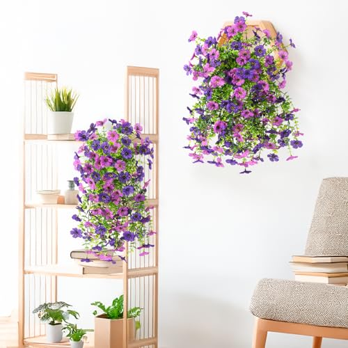 INQCMY 2Pcs Artificial Fake Hanging Flowers for Outdoors UV Resistant Artificial Plants for Spring Summer Decor Look Real Faux Flowers for Outside Home Planter Porch Patio Decor - color: Purple1