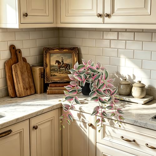 DILATATA Fake Plants Artificial Potted Plants 20 Inch Faux Peperomia Ivy Vine Plant Hanging Plant for Home Office Desk Shelf Indoor Outdoor Decor - color: Wandering Jew-green&pink