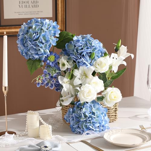Nubry 3Pcs Blue Hydrangea Artificial Flowers, 22.5In Latex Faux Real Touch Large Hydrangea Flowers with Long Stems & Leaves for Home Office Decor Wedding Party Arrangements(Blue) - color: Blue, size: 3 Pcs