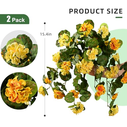 Artificial Geranium Flowers for Outdoor 2 Pcs Artificial Yellow Flower Fake Flowers with Stems Silk Realistic Look Real Floral Arrangement for Front Door Porch Planter Patio Balcony (2 Pcs Yellow) - color: 2 Pcs Yellow