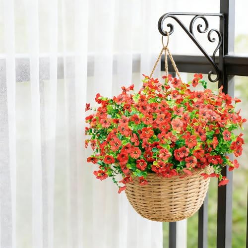 12 Bundles Artificial Flowers for Outdoor UV Resistant and Realistic, Faux Daisy Fake Flowers with Eucalyptus Leaves for Porch, Patio, Planter, Window Box, Home, Garden Decor - color: Red