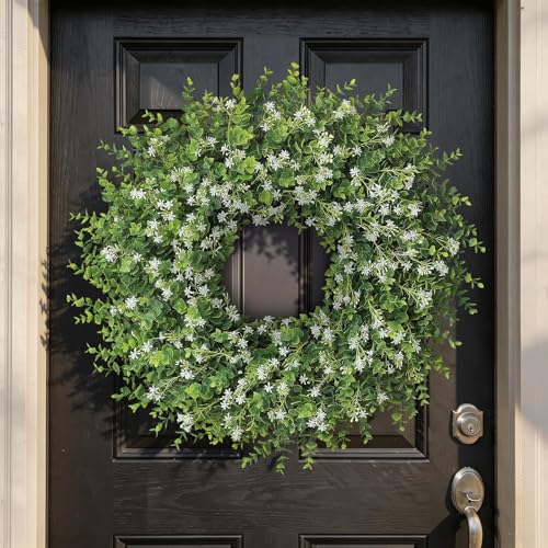 26" Artificial Eucalyptus Wreath with Baby's Breath for Front Door - Fake Eucalyptus Wreath, Spring Summer Faux Flowers Wreath for Porch, Farmhouse, Wall, Window, Home Decor (White-Green)