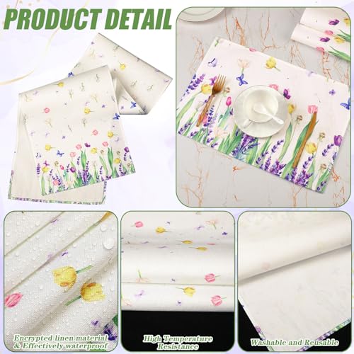 VitalCozy 7 Pcs Spring Table Runner and Placemats Tulip Table Runner Placemats Set 72 x 13 Inch Linen Farmhouse Rustic Floral Lavender Tulip Tablecloth for Spring Summer Party Decoration - style: Lavender, Tulip