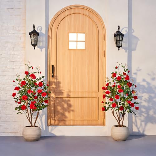 VeriNatural Fake Rose Plants,4Ft(48") Red Artificial Roses,UV-Resistant Faux Silk Flowers for Indoor Outdoor,Potted Faux Trees for Home Decor, Courtyard,Patio, Front Porch Topiary Set of 2 - color: Red, size: 4ft