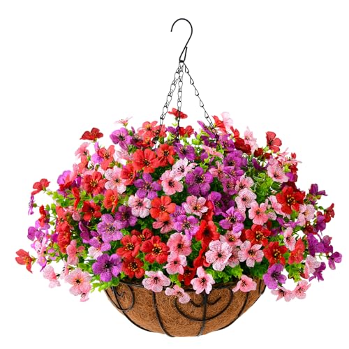 Artificial Faux Hanging Plants Flowers Basket for Outdoor Spring Summer Decoration,Fake Silk Daisy in Planter Realistic UV Resistant for Outside Home Porch Patio Balcony Yard(Purple Red Pink) - color: Purple Red Pink