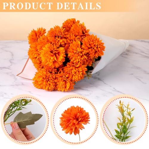 12Pcs Artificial Fall Flowers, Fake Silk Chrysanthemums Orange Marigold Ball Flower Fake Mums for Autumn Dia De Los Muertos Day of The Dead Home Decor Outdoors Indoor