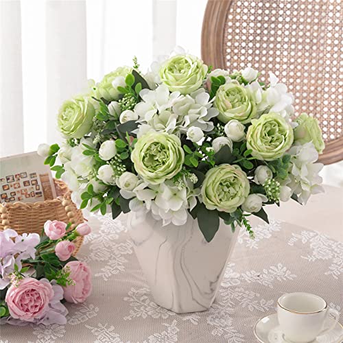 4 Bunches Green Peony Artificial Flowers for Decoration Faux Rose Fake Bouquet Silk Arrangements Table Centerpiece for Vase Cake Topper Bridal Baby Shower - color: Green & White