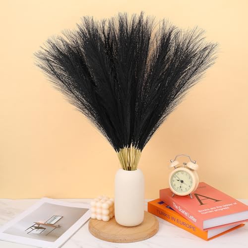 Ptwola 30pcs Black Pampas Grass Decor 17.7 Inch Fluffy Faux Pampas Grass Artificial Dried Flower Bouquet Small Vase Filler Home Decor for Gothic Living Room Decoration Wedding Halloween Party Wall