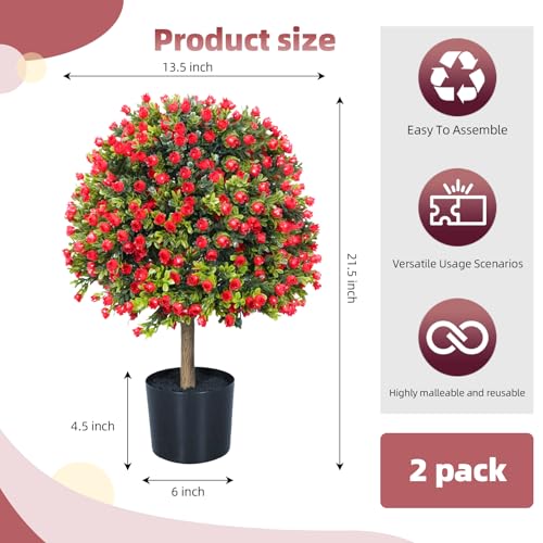 Artificial Rose Topiary Ball Trees, Set of 2 Fake Shrubs Bushes, UV Resistant Faux Evergreen Tree for Front Porch Outdoor Garden Decor - color: Rose, size: with Pot