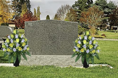 LVXINLI Artificial Cemetery Flowers, Gravesite Decoration Roses, Memorial Bouquets with Cemetery Vase, Vibrant and Long-Lasting Colors (Yellow+White, 2 Bundles) - color: Yellow+white