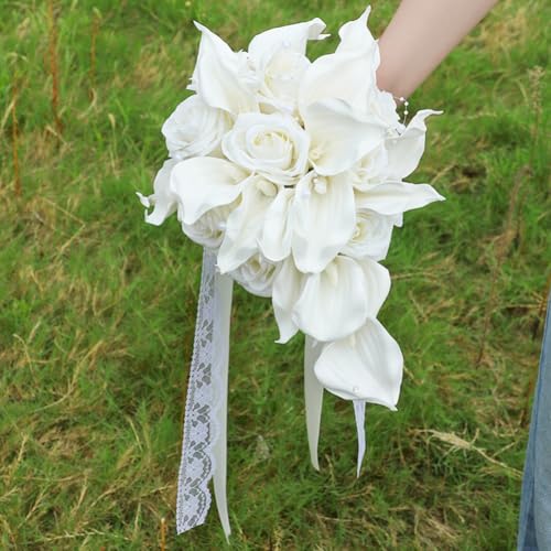 9.1 Inch Cascading Bridal Bouquet Waterfall Calla Lily Cascade Bridal Wedding Bouquet for Bride with Artificial Cally Lily and Rose Flower Rustic Ivory - color: Ivory Calla Lily & Rose