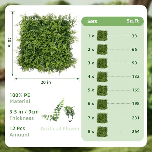 Artificial Grass Wall Panels, 12 Pack 20 x 20 in Faux Boxwood Panels, Privacy Fence Screen and Greenery Wall Backdrop for Indoor Outdoor Decor, Sun Resistant, 33 Sq ft Total