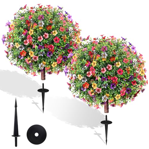 27.5" Artificial Flowers Boxwood Topiary Ball Tree Set of 2, UV Resistant Fake Bushes Shrubs with Ground Spike, Faux Evergreen Tree for Front Porch Outdoor Garden Decor - color: Colorful-flowers