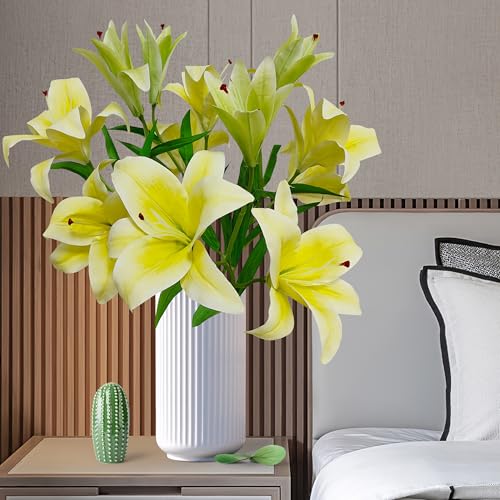 Artificial Lily Flowers,4 Pcs Faux Lily Flowers,32.5 Inch Long Stem Tiger Lily Branch with 2 Full Blooms and 1 Bud, Latex Real Touch Lilium Flower for Wedding Bouquet (4, Yellow) - color: Yellow