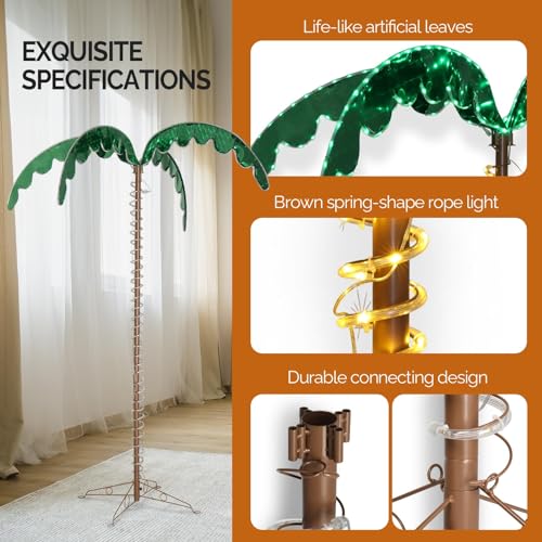 VINGLI 7FT Lighted Palm Tree, Outdoor Artificial Palm Tree with Lifelike Leaves and Rope LEDs for Outside Patio Pool Yard Holiday Decor - size: 7ft 3in