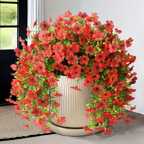 Homsunny Artificial Fake Hanging Flowers Plants for Outdoor Spring Decorations, 2 PCS Faux Daisy Silk Flower Outside No Fade UV Resistant Realistic Home Decor for Porch Patio Window Box (Red - color: Red