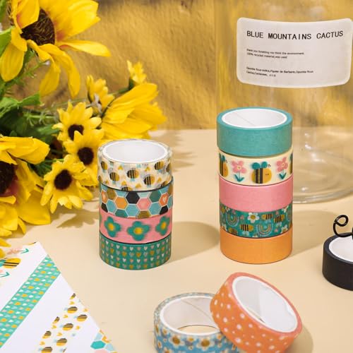 FYSUIMU 12 Rolls Boho Bee Washi Tape Back to School Honeycomb Heart Rainbow Flower Decorative Masking Tapes Set Cute Colorful Wrapping Paper Tape for Scrapbook Journal DIY Art Crafts - style: Bee