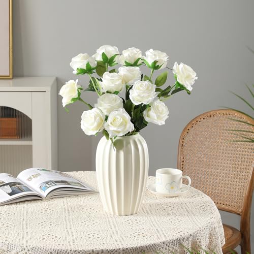 Tifuly White Roses Artificial Flowers -12 pcs Realistic Single Long Stem Fake Silk Roses Bouquet for Party Home Wedding Centerpiece Office DIY Decor（Off White） - color: White